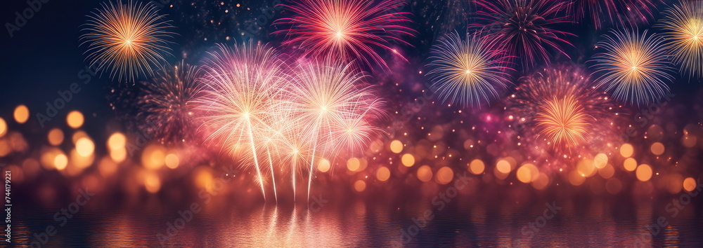 Spectacular Fireworks Display with Bokeh Lights Background Spectacular Fireworks Display with Bokeh Lights Background