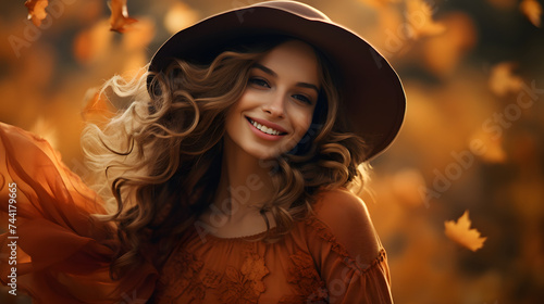 woman in autumn dresses and hat is smiling in autumn leaves