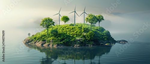 Wind turbines on a lush green island promoting renewable energy