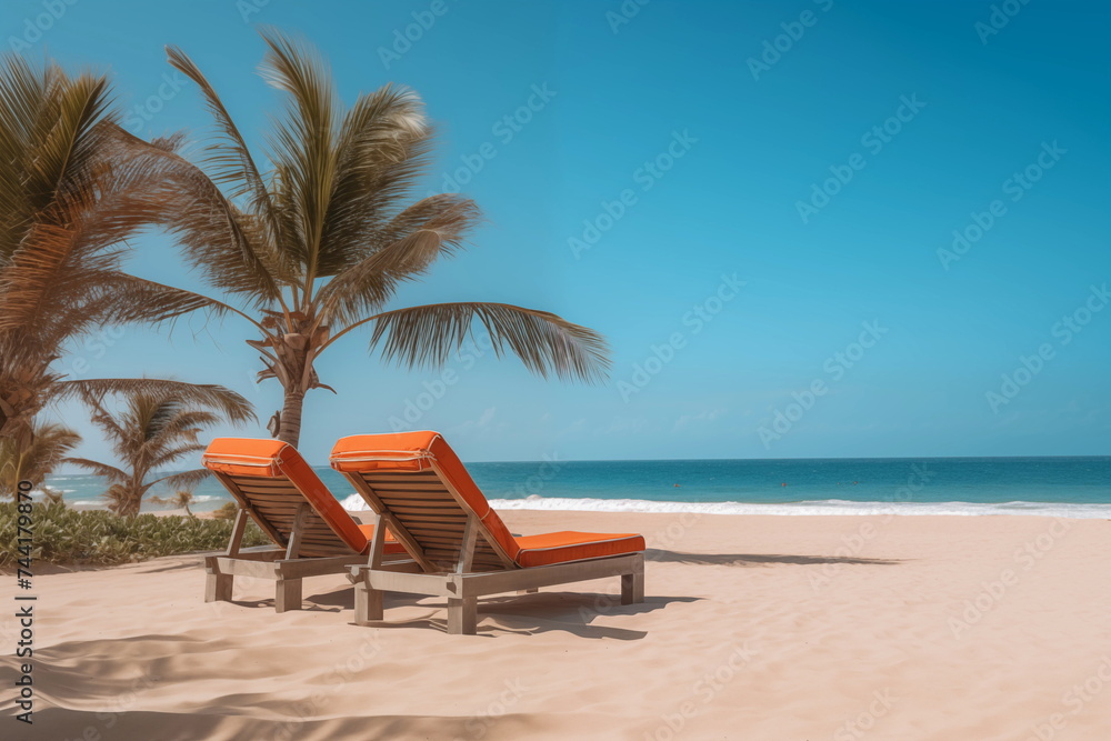Serenity unfolds: A tropical paradise captured in a snapshot-sun-kissed beach, azure sea, reclining deck chairs, swaying palms. Warmth and beauty in perfect harmony. Sunny day at the sea under palm