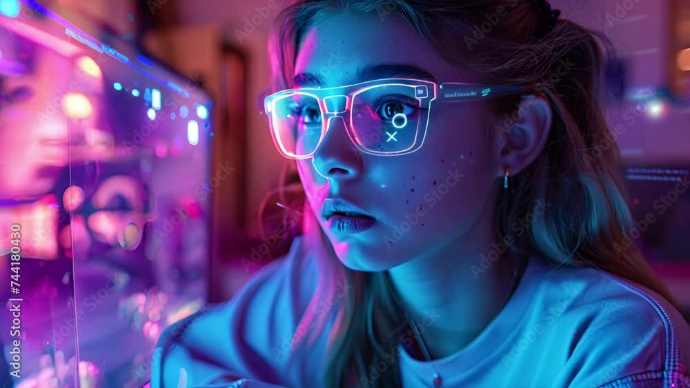 Slow motion portrait of a Gen-Z generation young girl from the side looking intensely as she plays computer games with glowing augmented reality glasses in her room Slow motion portrait of a Gen-Z generation young girl from the side looking intensely as she plays computer games with glowing augmented reality glasses in her room