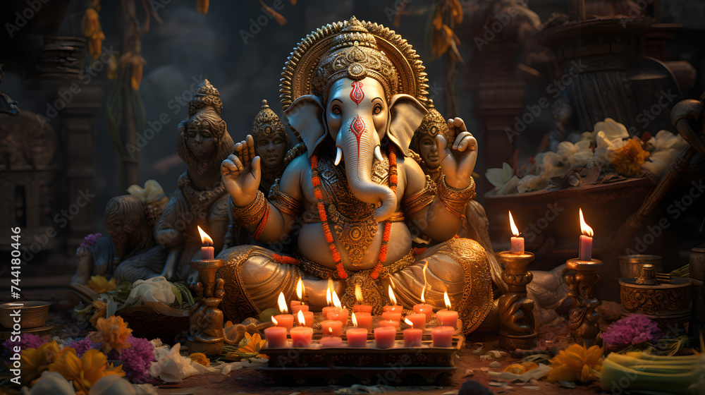 a statue of ganesha is surrounded by candles