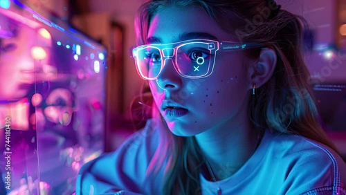 Slow motion portrait of a Gen-Z generation young girl from the side looking intensely as she plays computer games with glowing augmented reality glasses in her room  photo