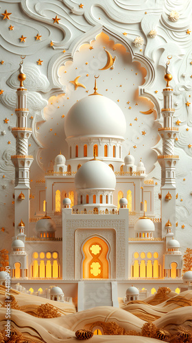 Modern 3D greeting card Islamic holiday banner suitable for Ramadan, Raya Hari, Eid al-Adha and Mawlid. Attributes of a mosque, a crescent and a lit lantern on a beige background with empty space.