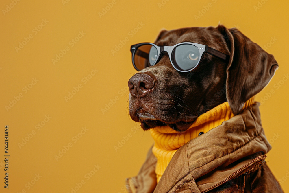 German Shorthaired Pointer wearing clothes and sunglasses on Yellow background