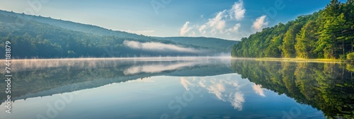 Serene lake in a tranquil forest setting