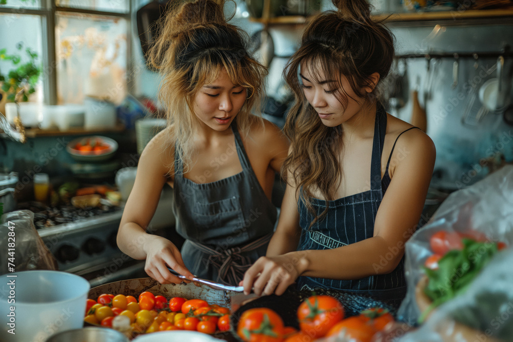 Two friends of different body sizes cooking together, emphasizing camaraderie and everyday life. Two friends of different body sizes cooking together, emphasizing camaraderie and everyday life.