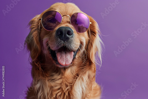 Golden Retriever wearing clothes and sunglasses on Purple background © Ricardo Costa