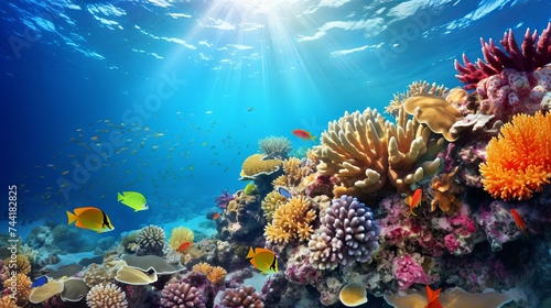 Underwater coral reef landscape wide panorama background in the deep blue ocean with colorful fish and marine life