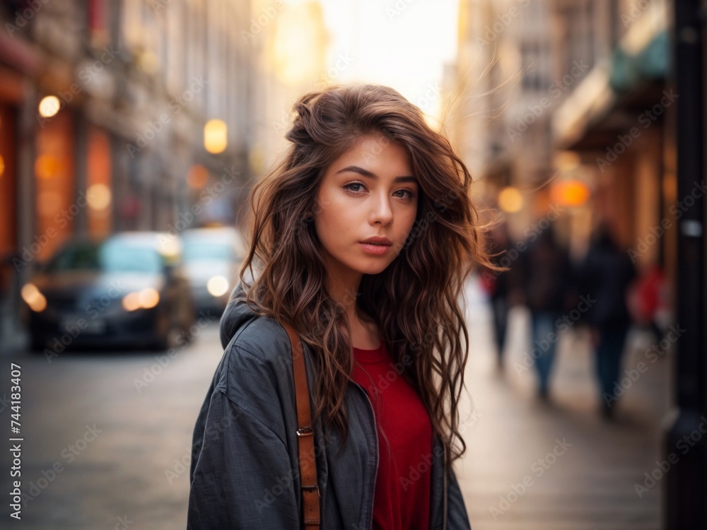 
A beautiful young girl with loose hair on a city street. Cute woman's face
