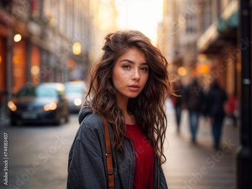  A beautiful young girl with loose hair on a city street. Cute woman s face