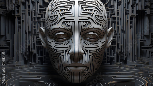 a large maze with a simulated head in the center