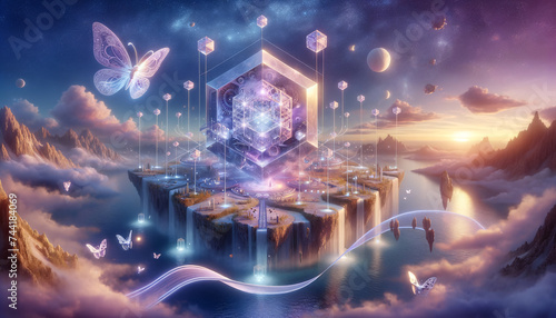 Surreal crystal machine glowing with golden light in ethereal landscape at twilight. © TechArtTrends