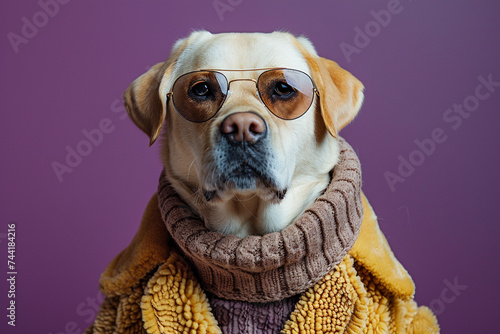 Labrador Retriever wearing clothes and sunglasses on Purple background