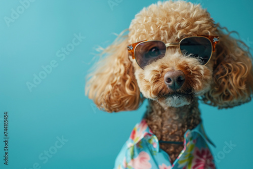 Poodle wearing clothes and sunglasses on Blue background © Ricardo Costa