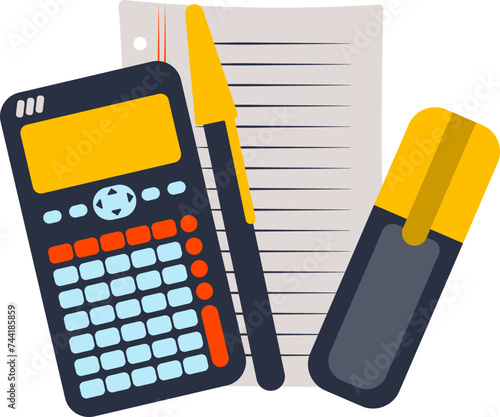 Vectorization of school supplies, you can see a calculator next to a sheet of paper, a pen and a highlighter