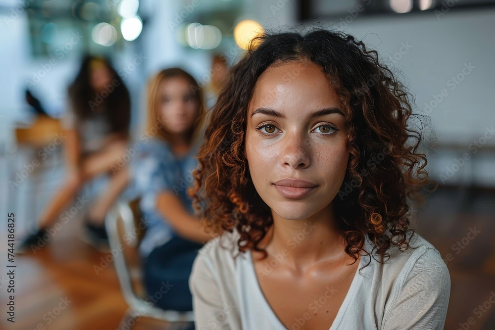 Obraz premium A beaming lady with a mane of curly hair stands among a lively crowd, exuding confidence and radiating warmth in an indoor setting
