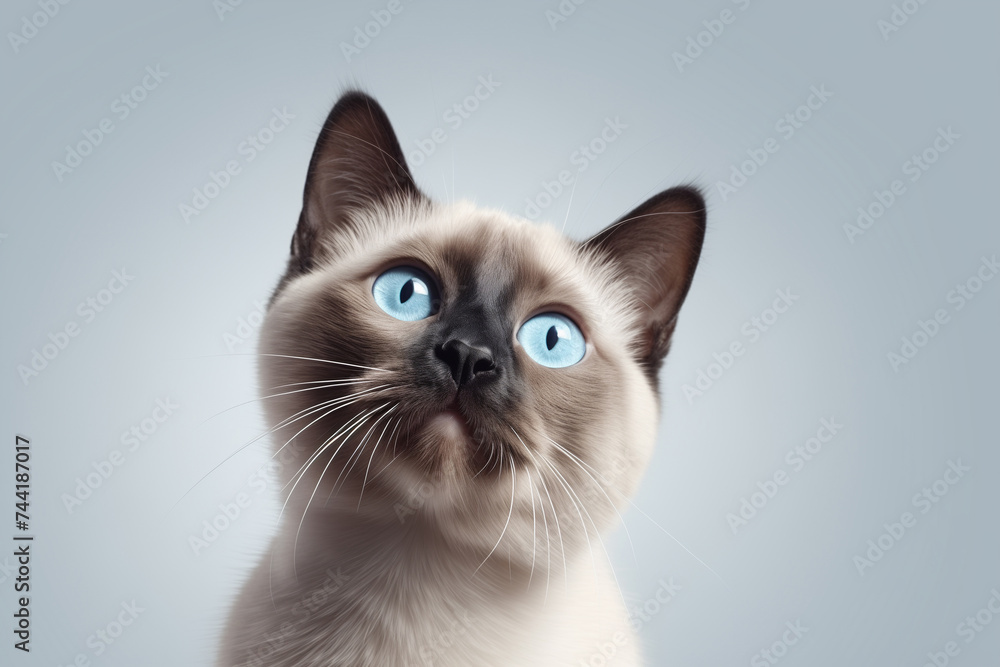 Siamese cat with blue eyes looking up on solid soft grey background