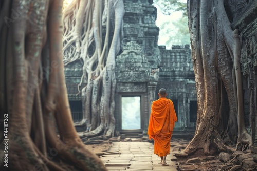 A monk walks amidst ancient temple ruins entwined with large tree roots. © Sandris