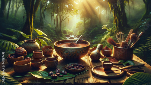 Cacao ceremony scene without people, focusing on the essence of tradition and connection with nature. Alternative medicine and healthy life concept.