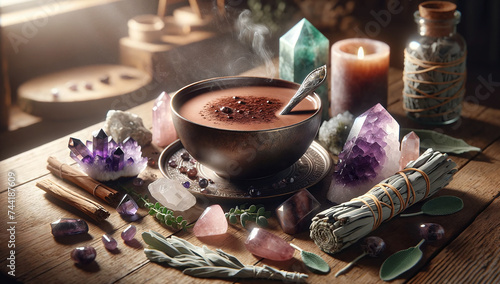 Cocoa ritual cup surrounded by healing crystals and candles. Alternative medicine and healthy life concept.