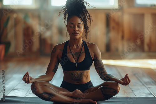 A plus-size yoga instructor demonstrating a pose