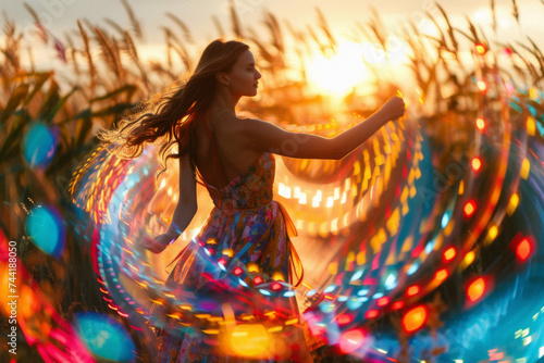 A young woman practicing the art of poi in a field at dusk, her movements creating patterns of light and shadow. photo