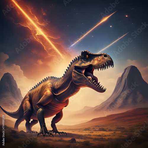 Prehistoric Landscape with Tyrannosaurus Rex and Fiery Meteor in the Sky - generated by ai