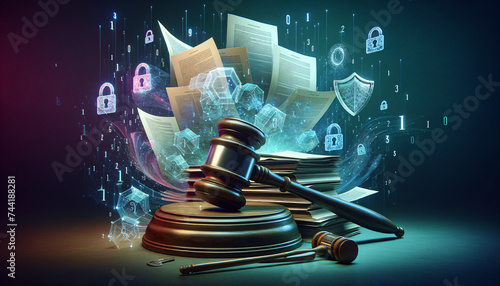Dynamic Cybersecurity Legislation: Gavel and Legal Documents in Serene Background. photo
