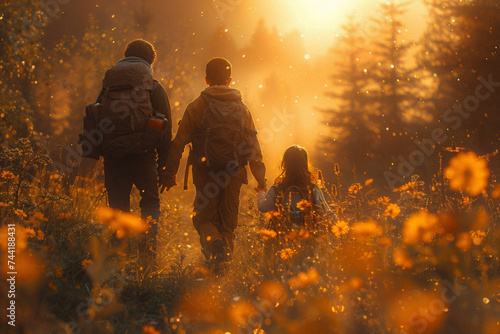 A family hiking through a forest, discovering the wonders of nature together, their journey a mix of adventure and bonding.