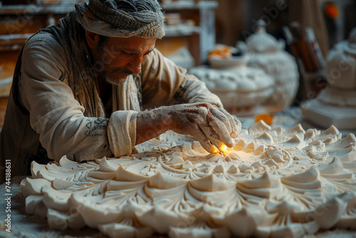 An artist creating intricate mandalas in sand, each grain a testament to the impermanence and beauty of life. photo