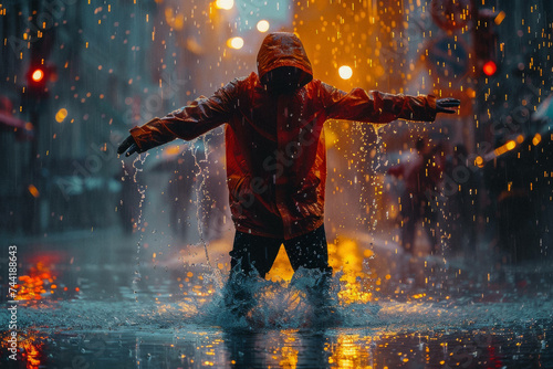 A street performer dancing passionately in the rain, their movements telling stories of resilience and joy. photo
