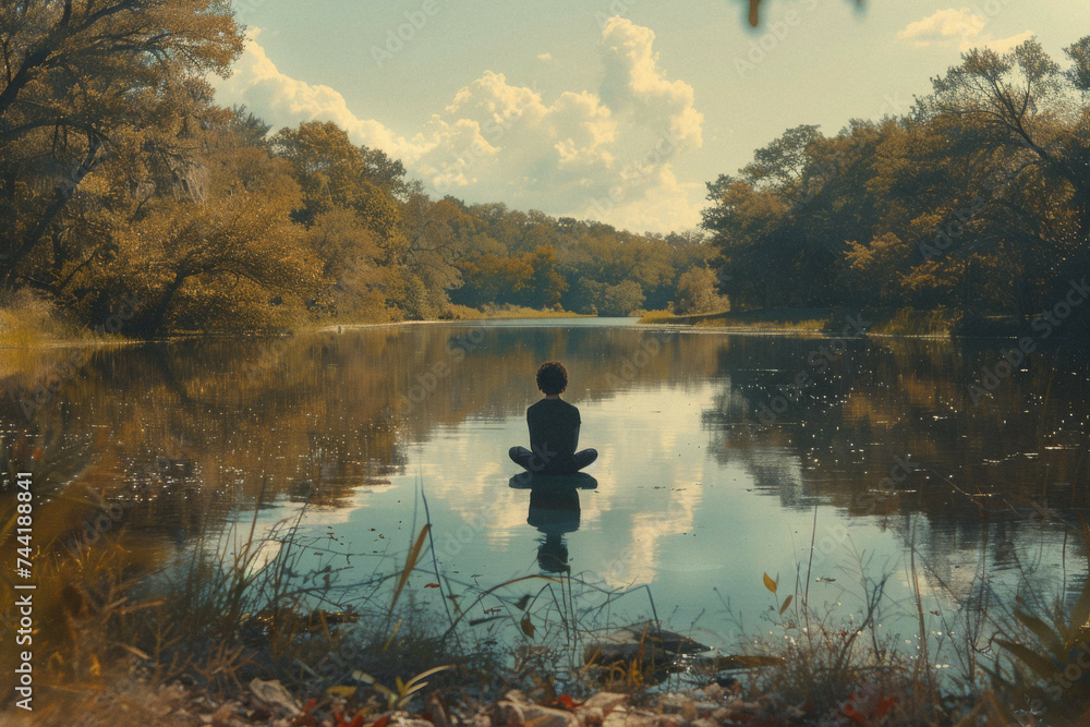 An individual meditating beside a tranquil lake, reflecting the calmness and acceptance within themselves. - obrazy, fototapety, plakaty 