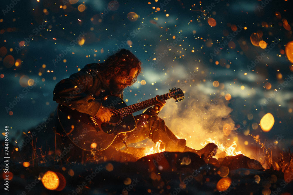 A lone figure playing guitar by a campfire, their music merging with the crackle of flames under a starry sky. A lone figure playing guitar by a campfire, their music merging with the crackle of flames under a starry sky.