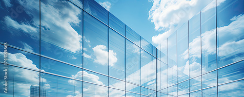 Blue glass on windows against blue sky. Skyscraper reflecting