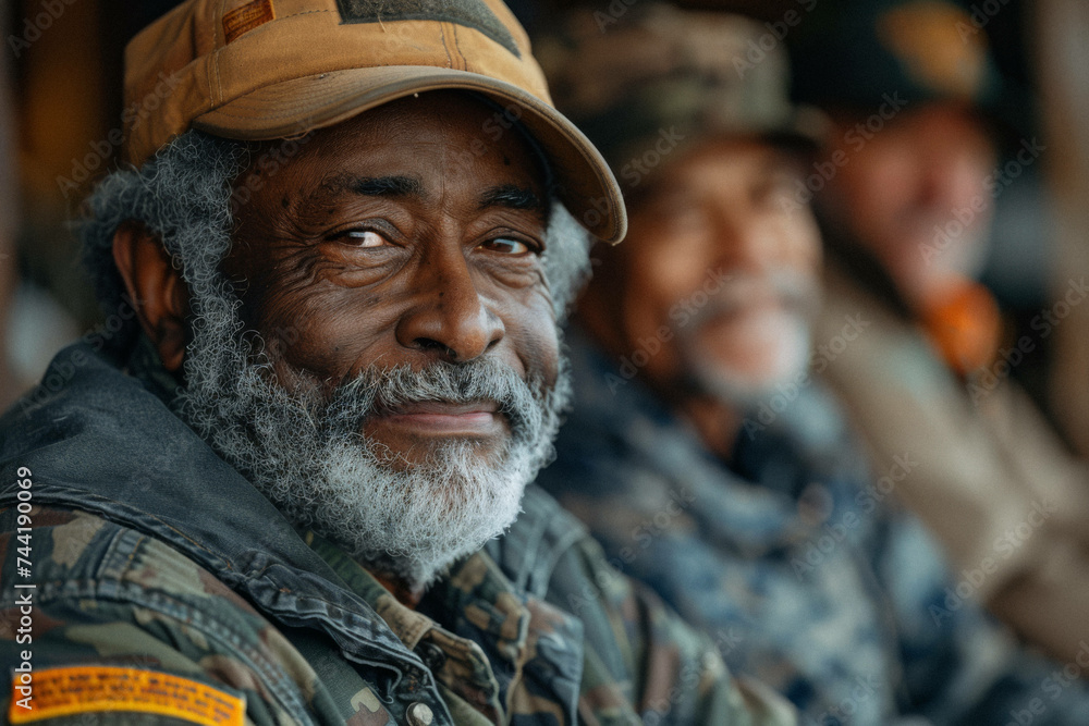 A group of veterans in uniform at a community center, sharing stories of service, blending tales of bravery with laughter and camaraderie. - obrazy, fototapety, plakaty 