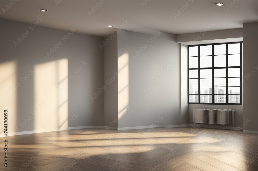 Empty Room with Hardwood Floor and Sunlight Shadows Through Windows Empty Room with Hardwood Floor and Sunlight Shadows Through Windows