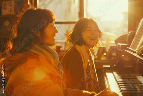 Two relatives playing a duet on the piano, their harmonized melody filling the home with music and joy. photo