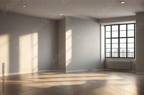 Empty Room with Hardwood Floor and Sunlight Shadows Through Windows