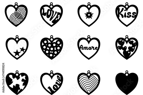 Set heart-shaped pendants - love party decoration - Valentine's Day vector graphics - black pendant silhouette with love / amore / kiss written... ideal for cricut, accessories, plotter, laser photo