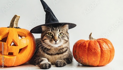 a cute cat kitty is posing near halloween pumpkins wearing a witchrs black hat on isolated white background halloween costume for animals pets cats autumn fall concept october 31 canva © Toby