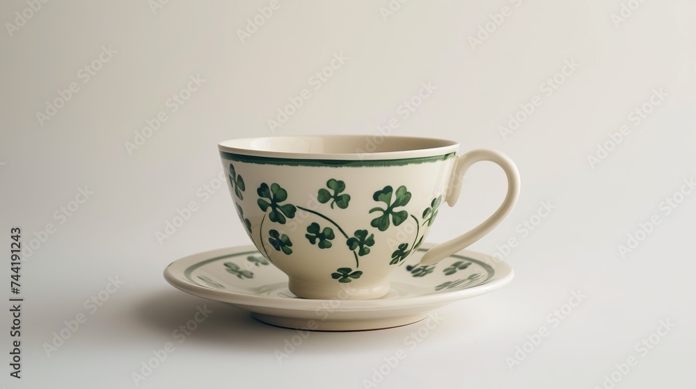 Classic Irish teacup with clover motif, Saint Patrick's Day, white background, traditional drinkware, copy space Classic Irish teacup with clover motif, Saint Patrick's Day, white background, traditional drinkware, copy space