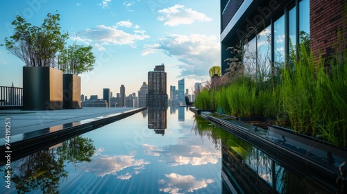 A serene cityscape of towering buildings and lush greenery is mirrored in the tranquil waters of a reflecting pool, creating a captivating outdoor scene that captures the essence of modern architectu photo
