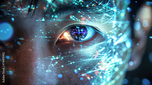 Asian man eyes going through retina scan for biometric cyber security concept