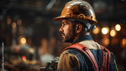 a worker in a hardhat wearing a hardhat in an industrial warehouse © Oleksandr