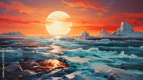 an icy landscape with an orange sun reflected in the ocean