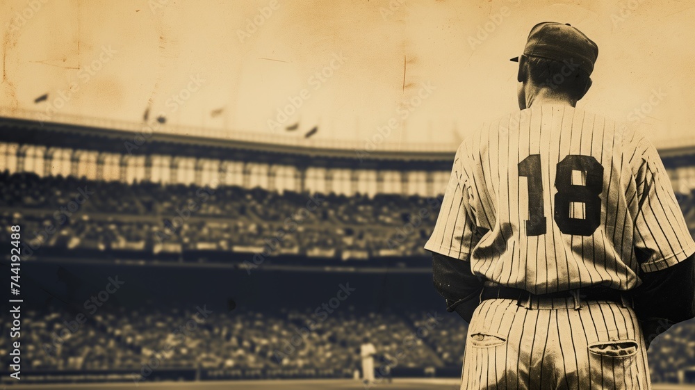 Vintage style baseball player in uniform looking at the field - obrazy, fototapety, plakaty 