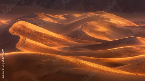 A majestic desert landscape with rolling sandy hills casting long shadows, highlighted by the warm hues of sunrise and sunset, creating a tranquil and awe-inspiring aeolian landform