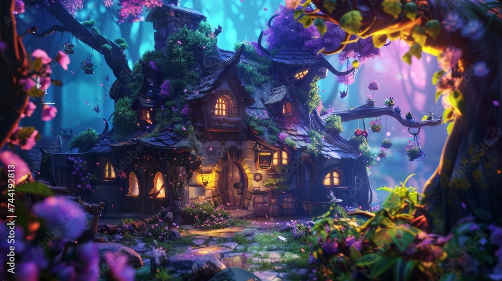 Naklejka premium A solitary plant stands tall in a vibrant sea of flowers, as a painting of a mysterious house in the woods hangs in the background, reminiscent of a nostalgic pc game