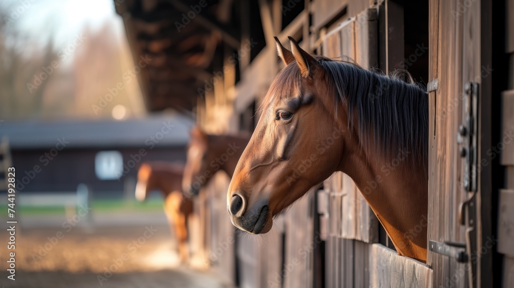 Fototapeta premium Horse peeking out from a stable on a sunny day